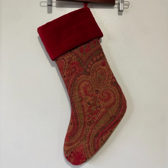 POTTERY BARN Elegant Christmas Stockings Red Paisley Jacquard Velvet - Picture 1 of 2